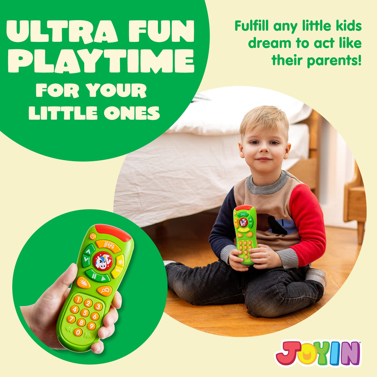 JOYIN remote control toy with large buttons for easy grip and pretend channel switching.