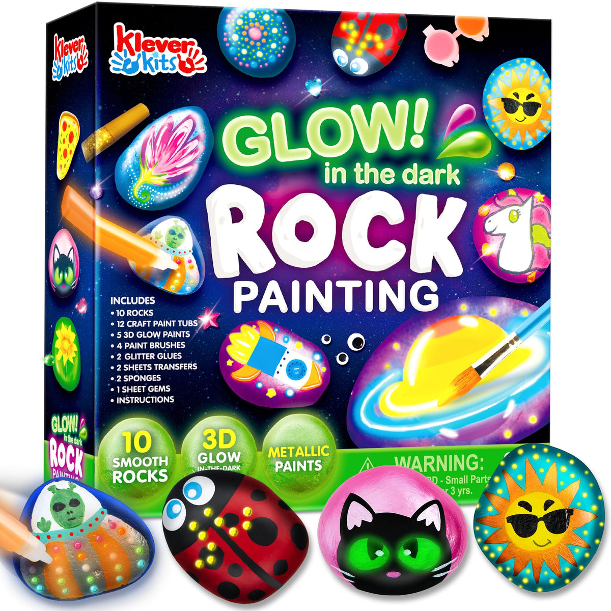 JOYIN rock painting kit glow-in-the-dark paints illuminate designs after light exposure.