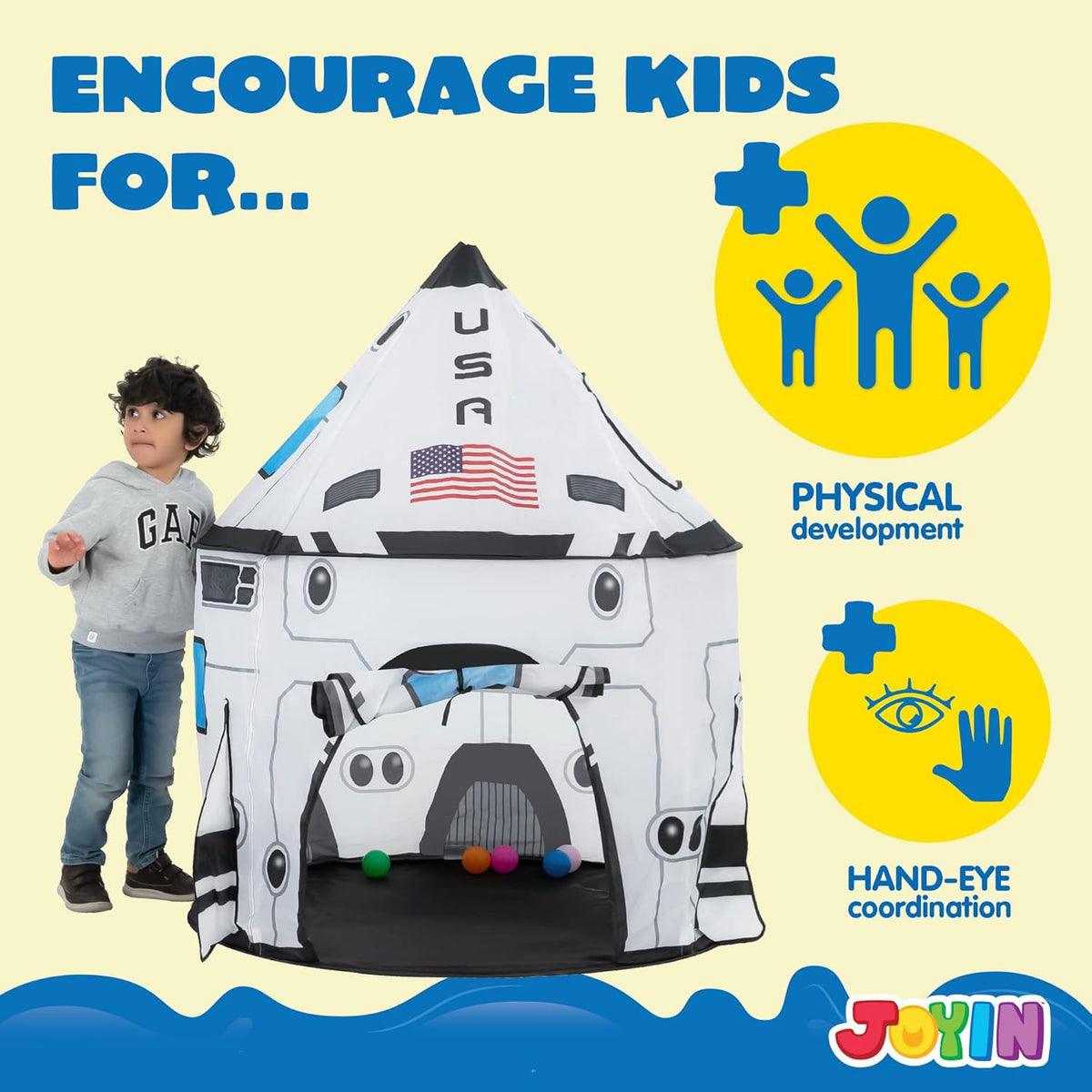 JOYIN rocket ship play tent indoor-outdoor use enables versatile play areas.