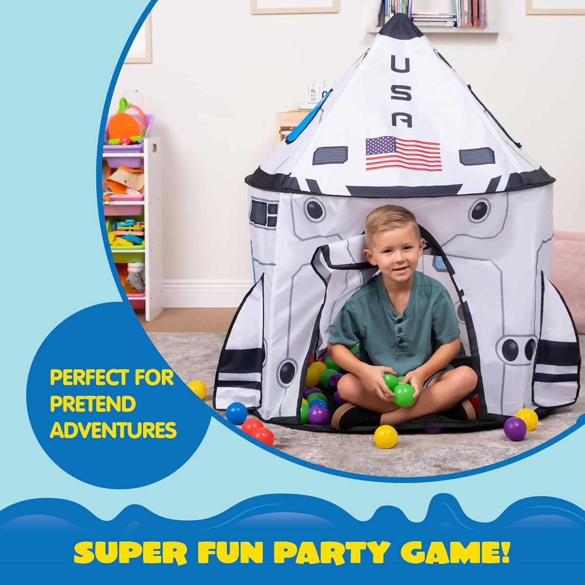 JOYIN rocket ship play tent kids enjoying space-themed adventures inside.