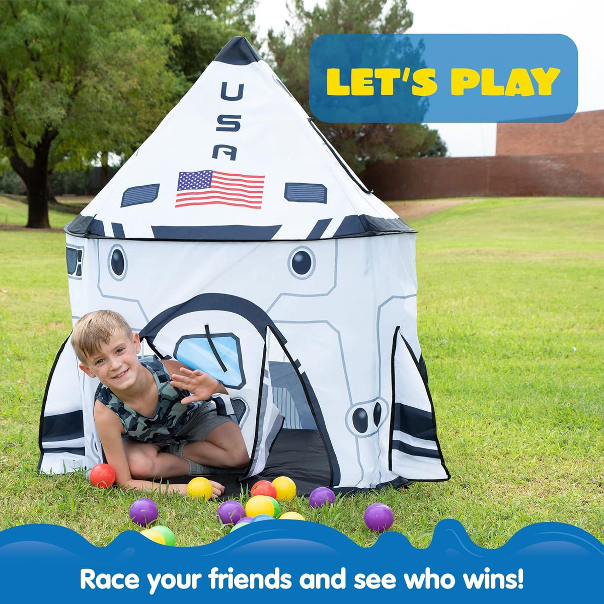 JOYIN rocket ship play tent set-up shown indoors for cozy, creative play spaces.