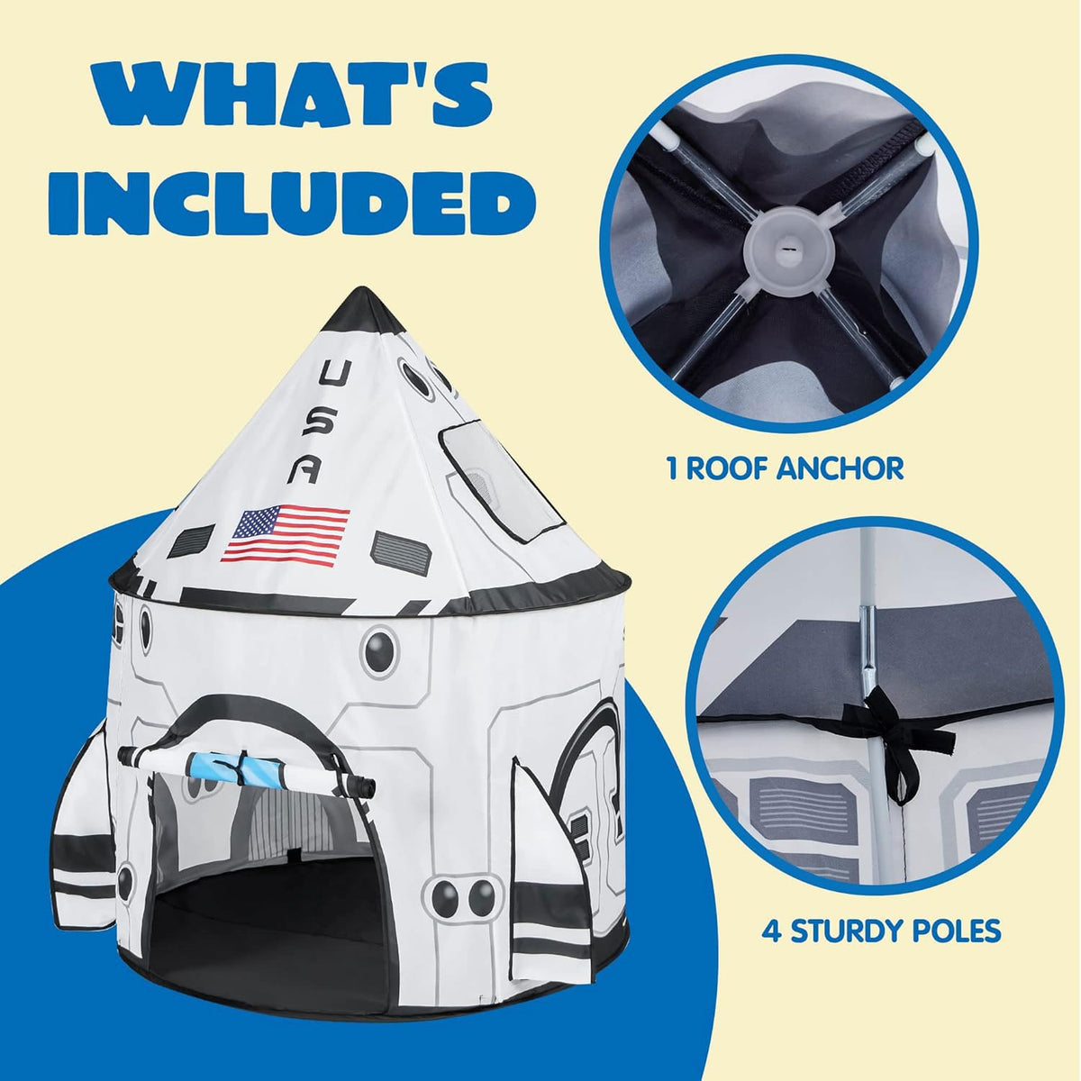 JOYIN rocket ship play tent water-resistant fabric easy to clean.