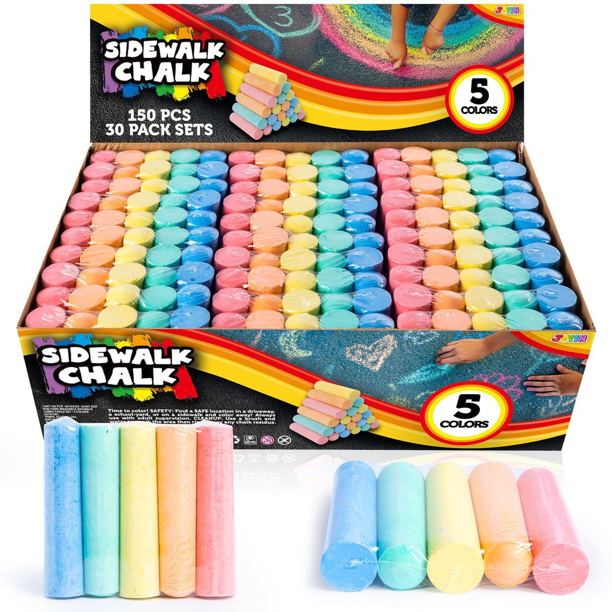 JOYIN 150-piece sidewalk chalk set in 5 colors for outdoor art.