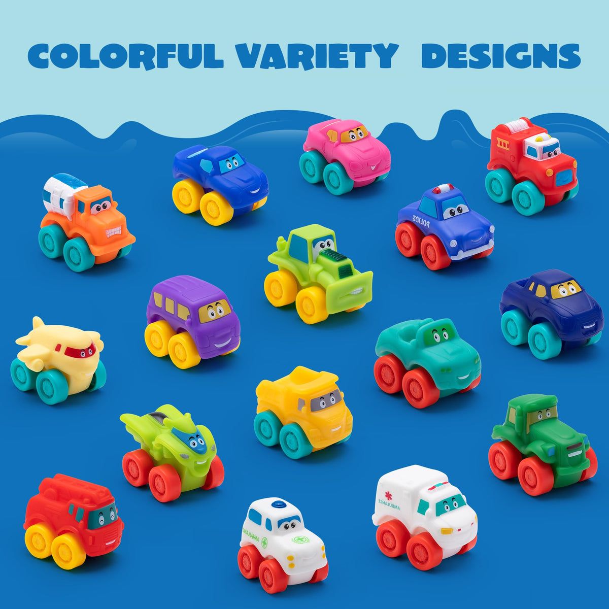JOYIN soft rubber toy cars for pool play with durable, easy-grip wheels.