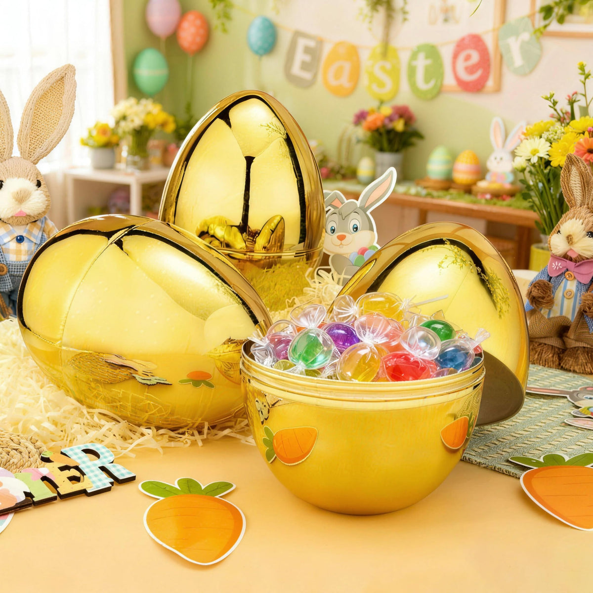Eye-catching JOYIN eggs used as photo backdrop for treasure hunts
