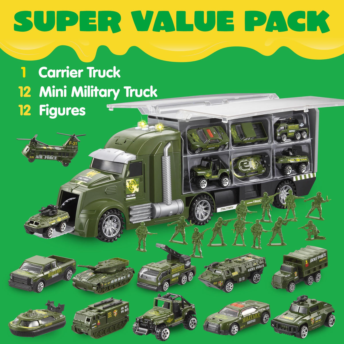 JOYIN twelve mini military trucks package designed for busy hands and imagination.