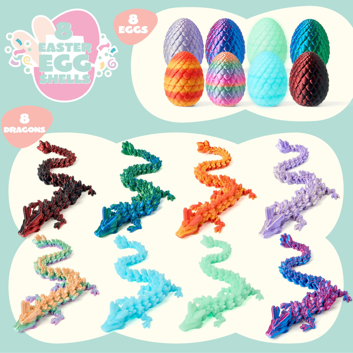 JOYIN twist-open eggs reveal an articulated dragon, perfect for storytelling and pretend adventures.