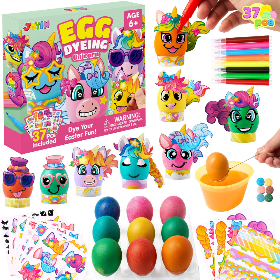 JOYIN Unicorn Easter Egg Dye Kit on table, complete set for easy crafts