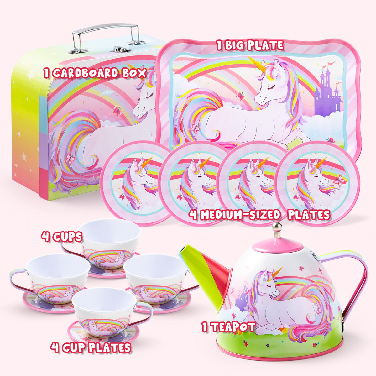 JOYIN Unicorn Tea Set cups arranged for shared tea parties and social play