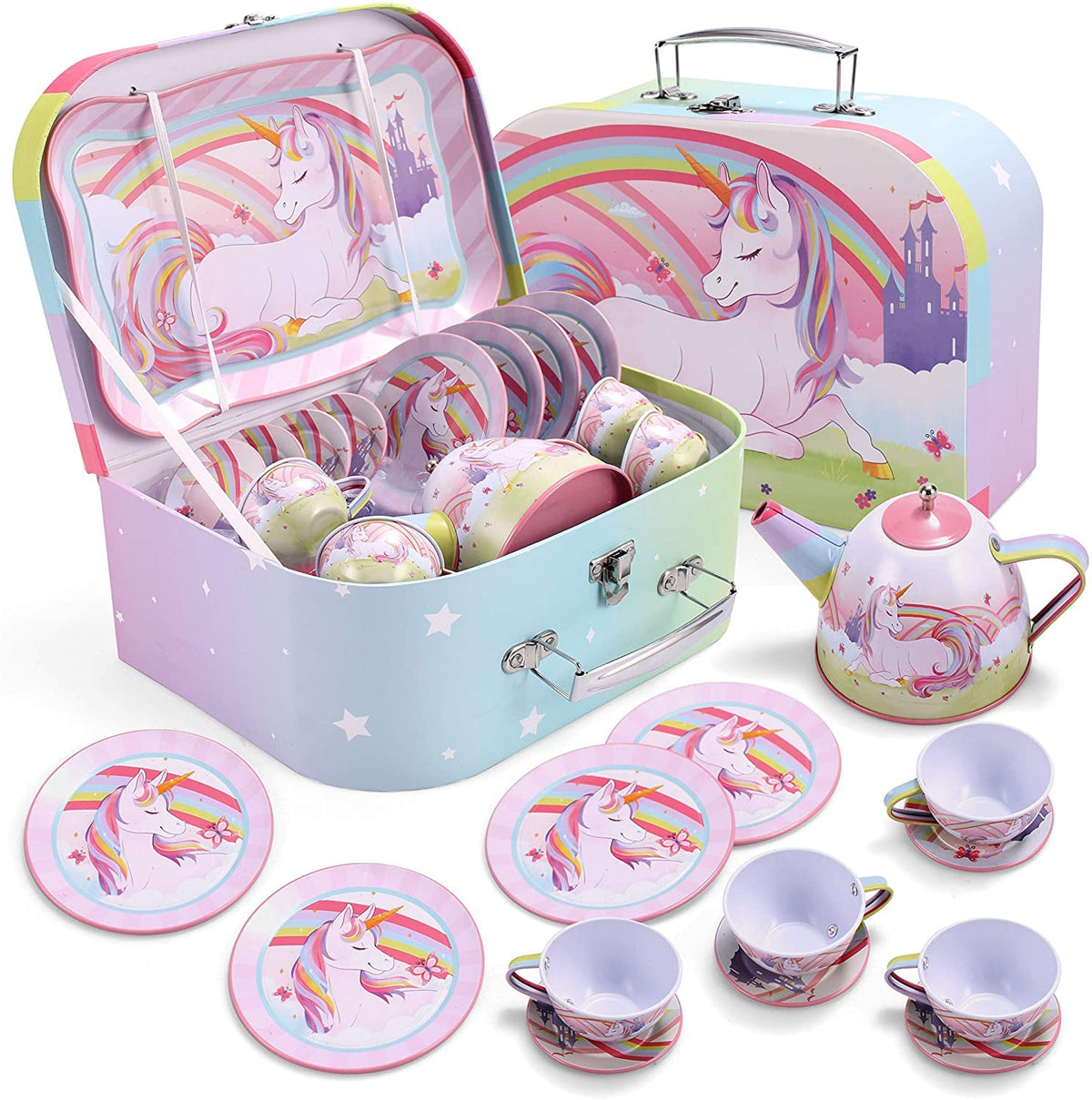 JOYIN Unicorn Tea Set teapot in pink tin for imaginative pretend playtime