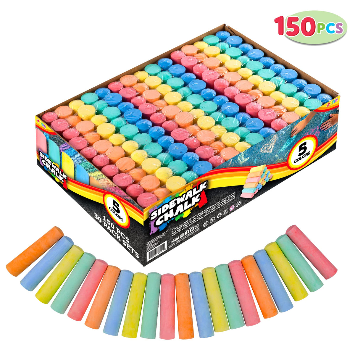 JOYIN 150-piece sidewalk chalk on driveway for washable outdoor drawing.