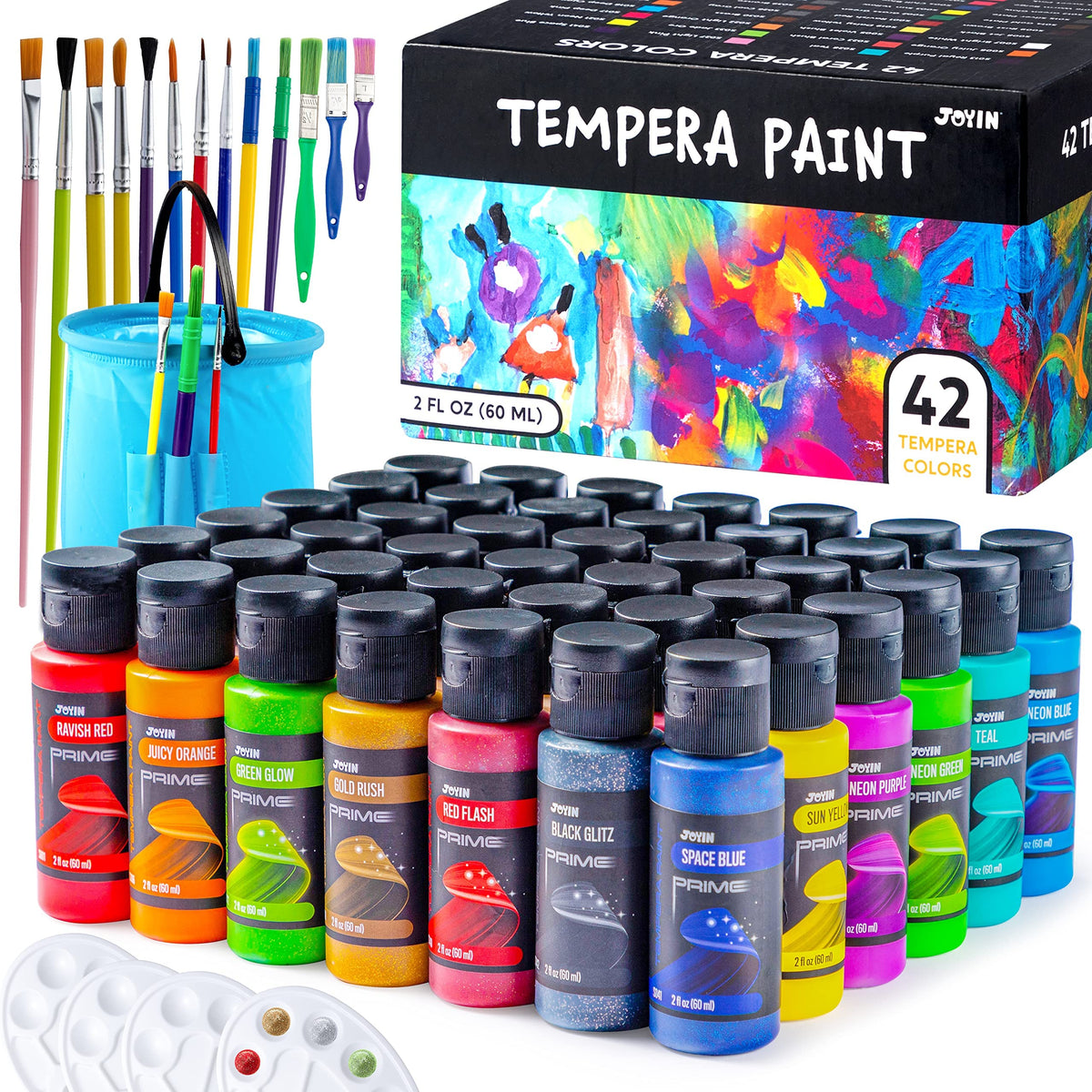 JOYIN washable tempera paint set with 42 colors organized for easy color selection.