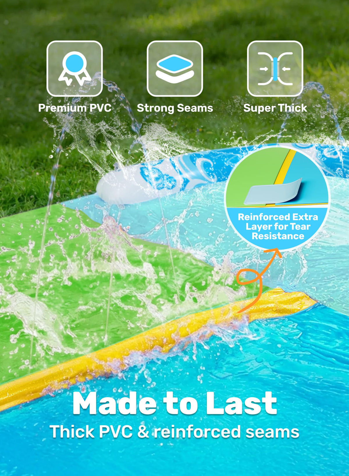JOYIN water slide extra-durable material resists wear for season-long use.