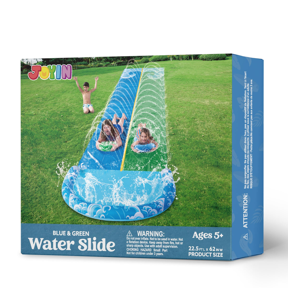 JOYIN water slide includes two inflatable boards for extra play zones.