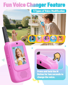 Joyjam video walkie talkies blue display—easy one touch calling for family games