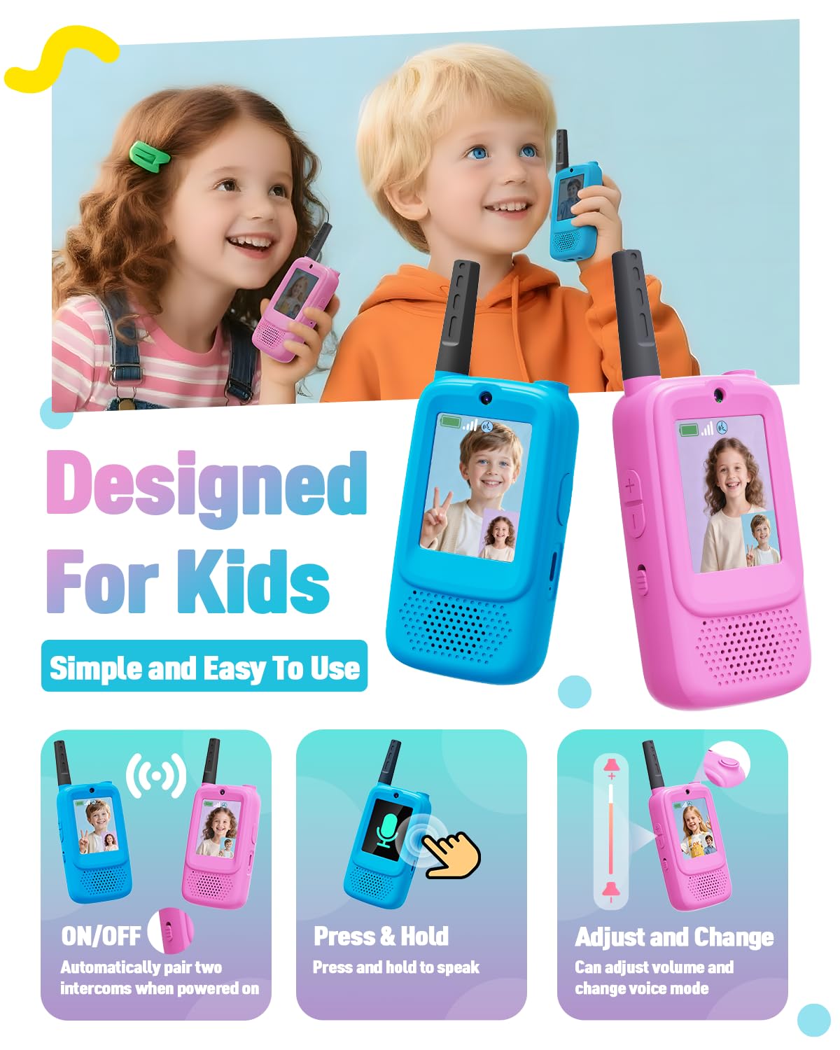 Joyjam video walkie talkies kids playing indoors—simple buttons for small hands
