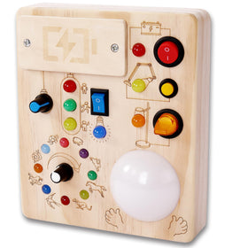 JOYKEKE wooden Montessori busy board with slap LED switches for fine motor play.