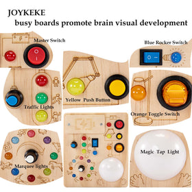 JOYKEKE wooden busy board showing traffic-light effects for visual sequencing.