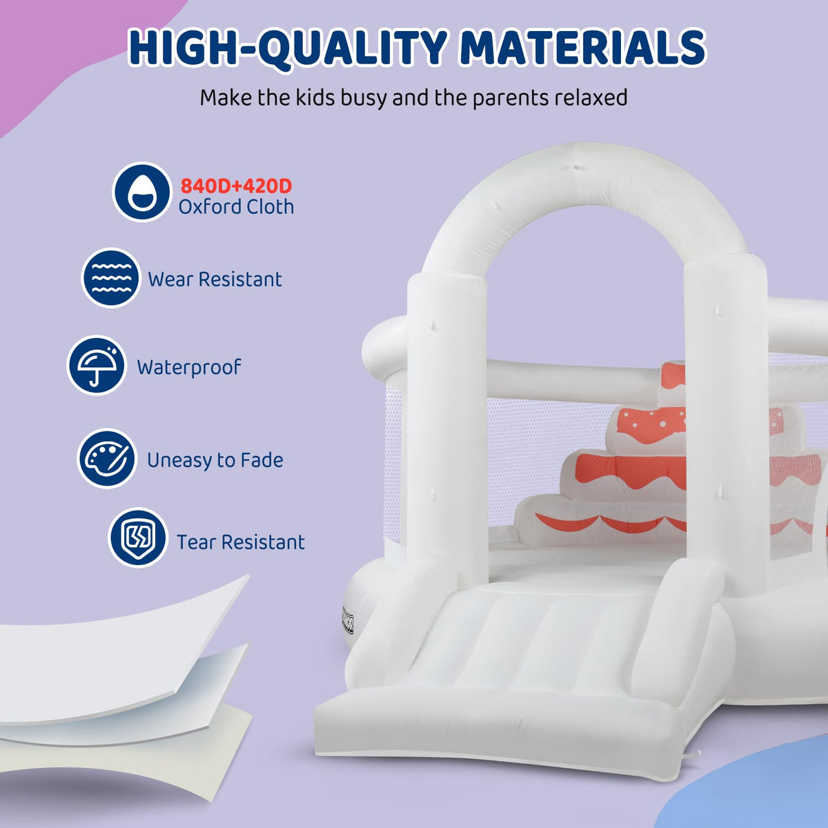 JOYMOR bounce house dimensions 373x300x226 cm fit indoor spaces.