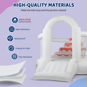 JOYMOR bounce house dimensions 373x300x226 cm fit indoor spaces.