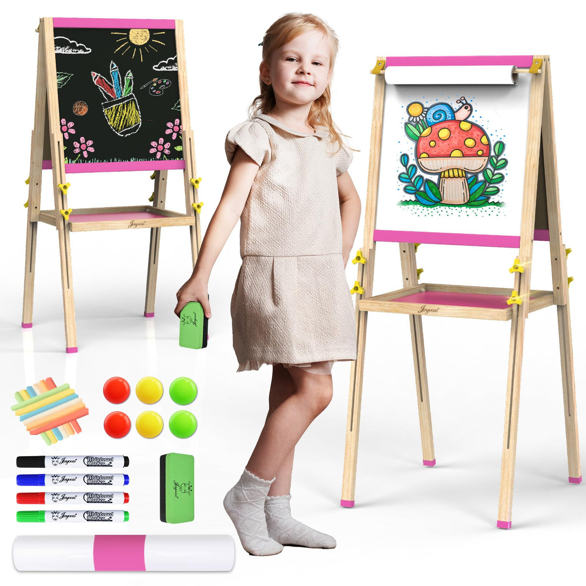 JOYOOSS art easel side view with double-sided whiteboard and chalkboard for versatile creativity