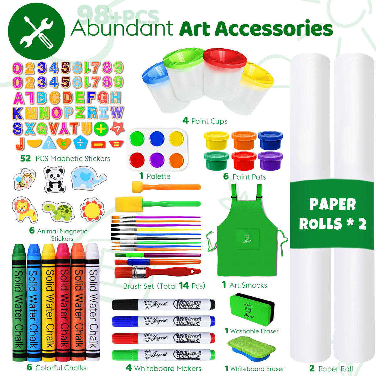 Joyooss easel includes paper rolls and a convenient tray