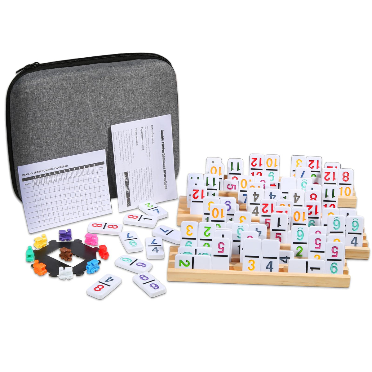 JOYOUSLIFE Mexican Train Dominoes tiles laid out for quick setup.