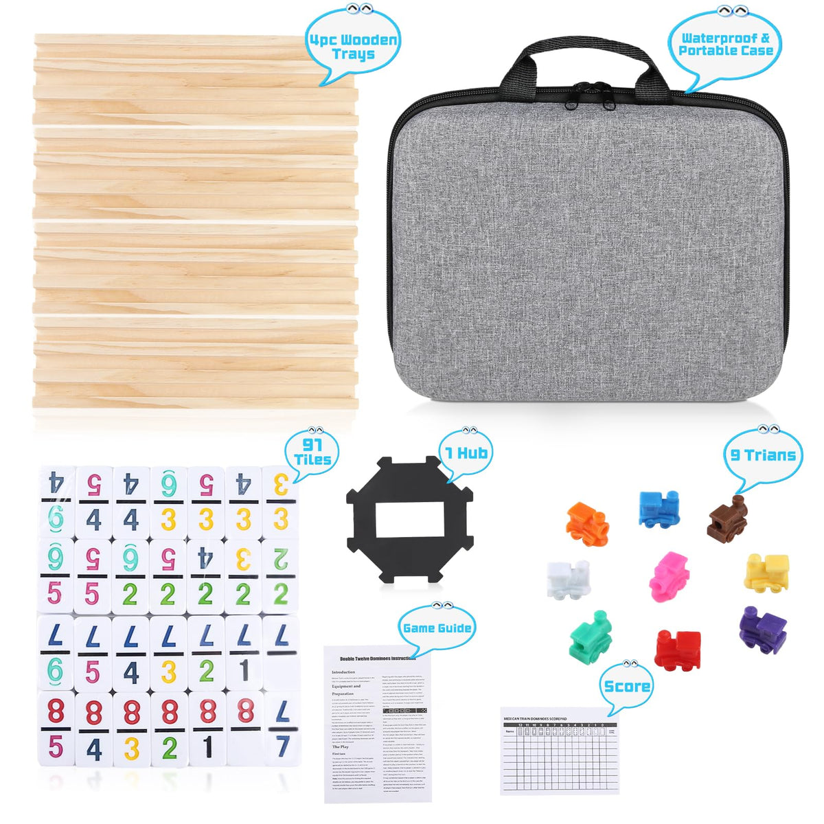 JOYOUSLIFE four wooden trays organize dominoes neatly.