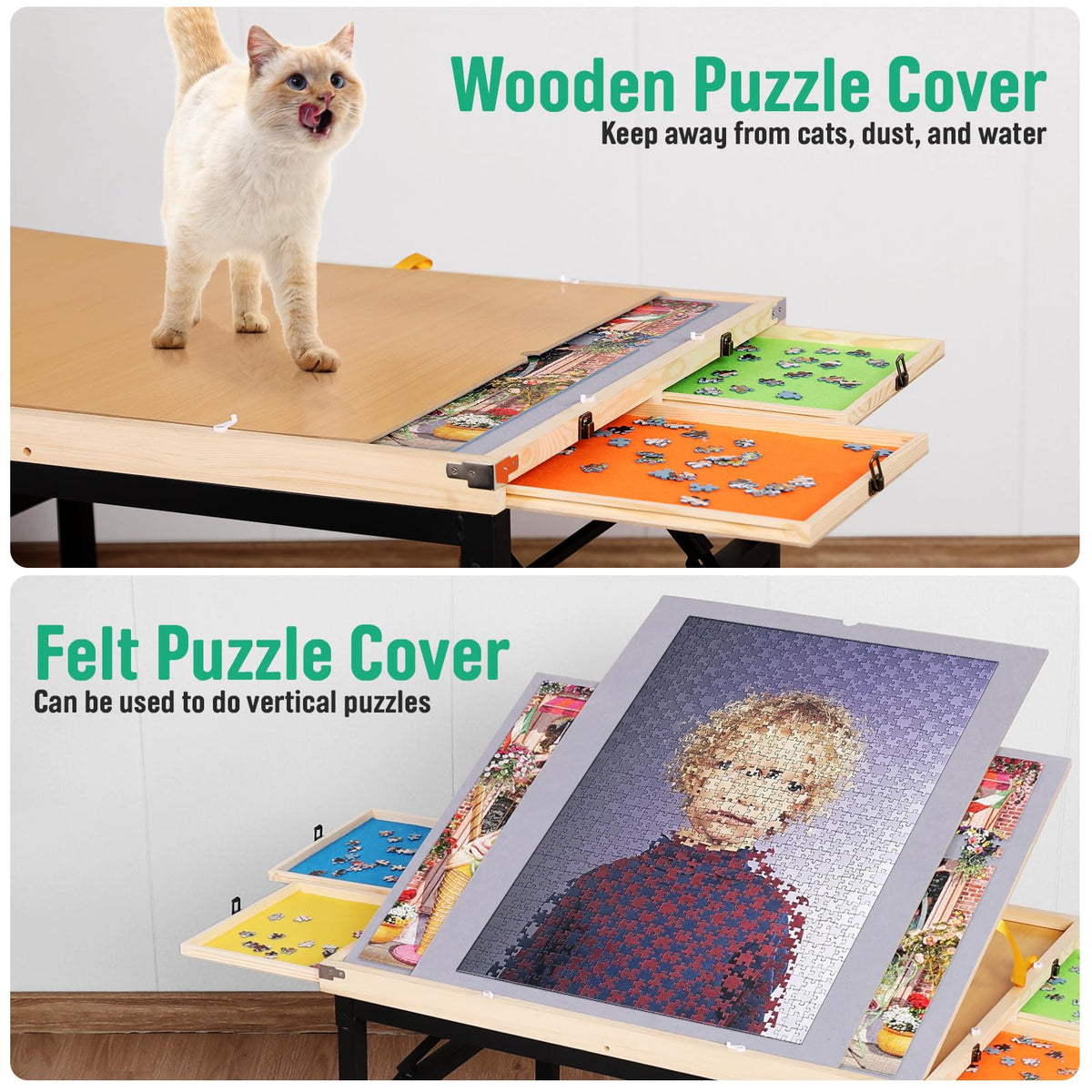 JoyPcsTable sturdy wood construction supports up to a full 1500-piece puzzle