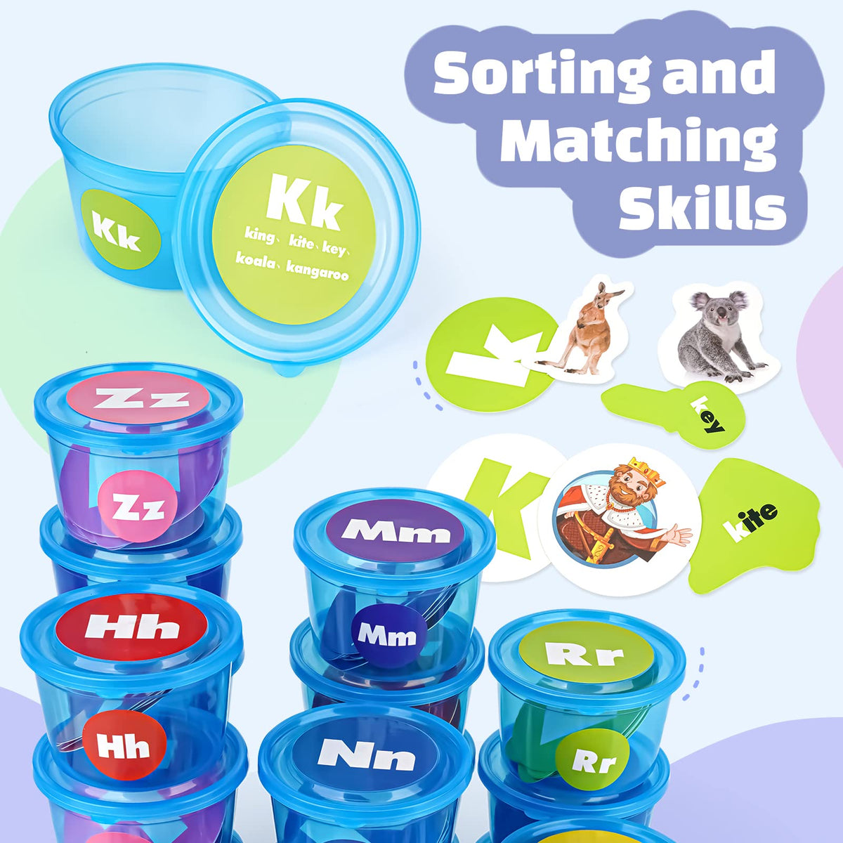 Joyreal Alphabet Soup Sorters letter cards: uppercase and lowercase to build matching skills.
