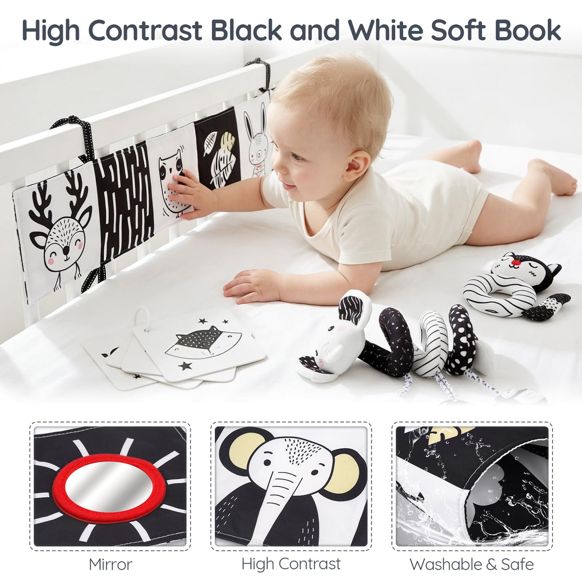 Joyreal black and white baby book with double-sided pages for tiny hands.