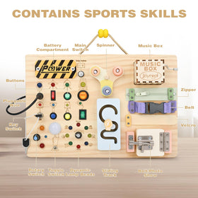 Joyreal busy board showing buttons and switches for tactile learning.
