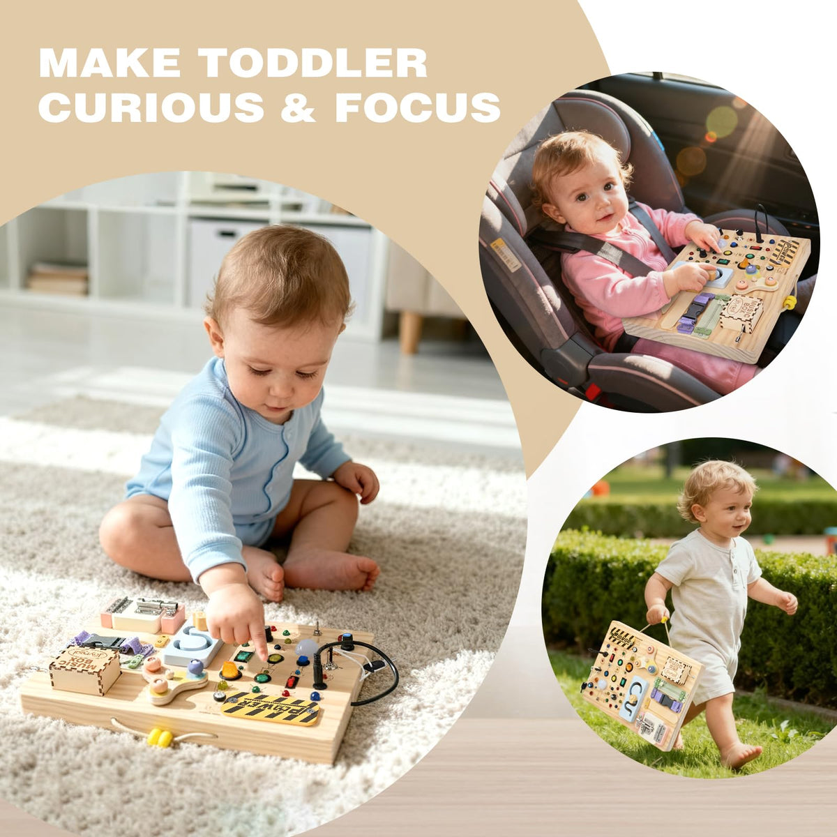 Joyreal portable busy board with built-in handle for travel play.