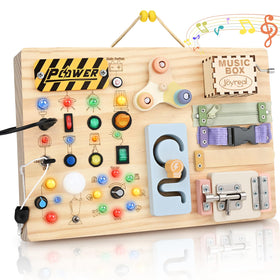 Joyreal wooden busy board with LED lights for sensory exploration and focus.