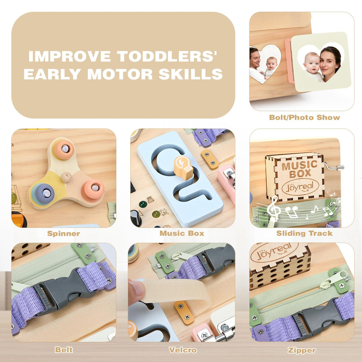 Joyreal wooden busy board featuring zippers, buckles, sliders and locks.
