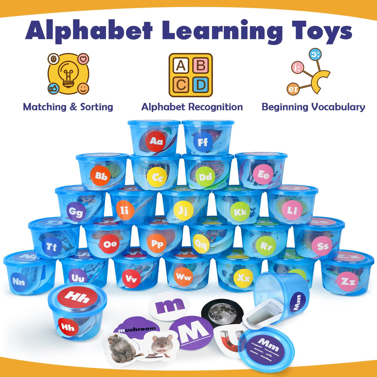Joyreal color-coded sorter tubs help kids organize letters through tactile practice.