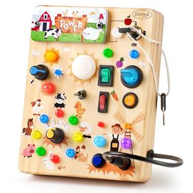 Joyreal farm busy board LED close-up showing switches for fine motor play.