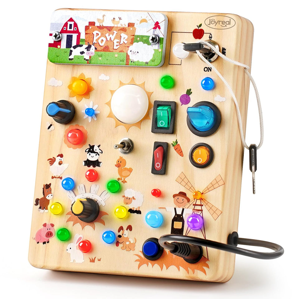 Joyreal farm busy board LED close-up showing switches for fine motor play.
