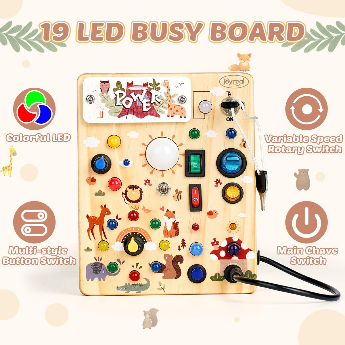 Joyreal forest-theme board showing switches and lights for engaging sensory play