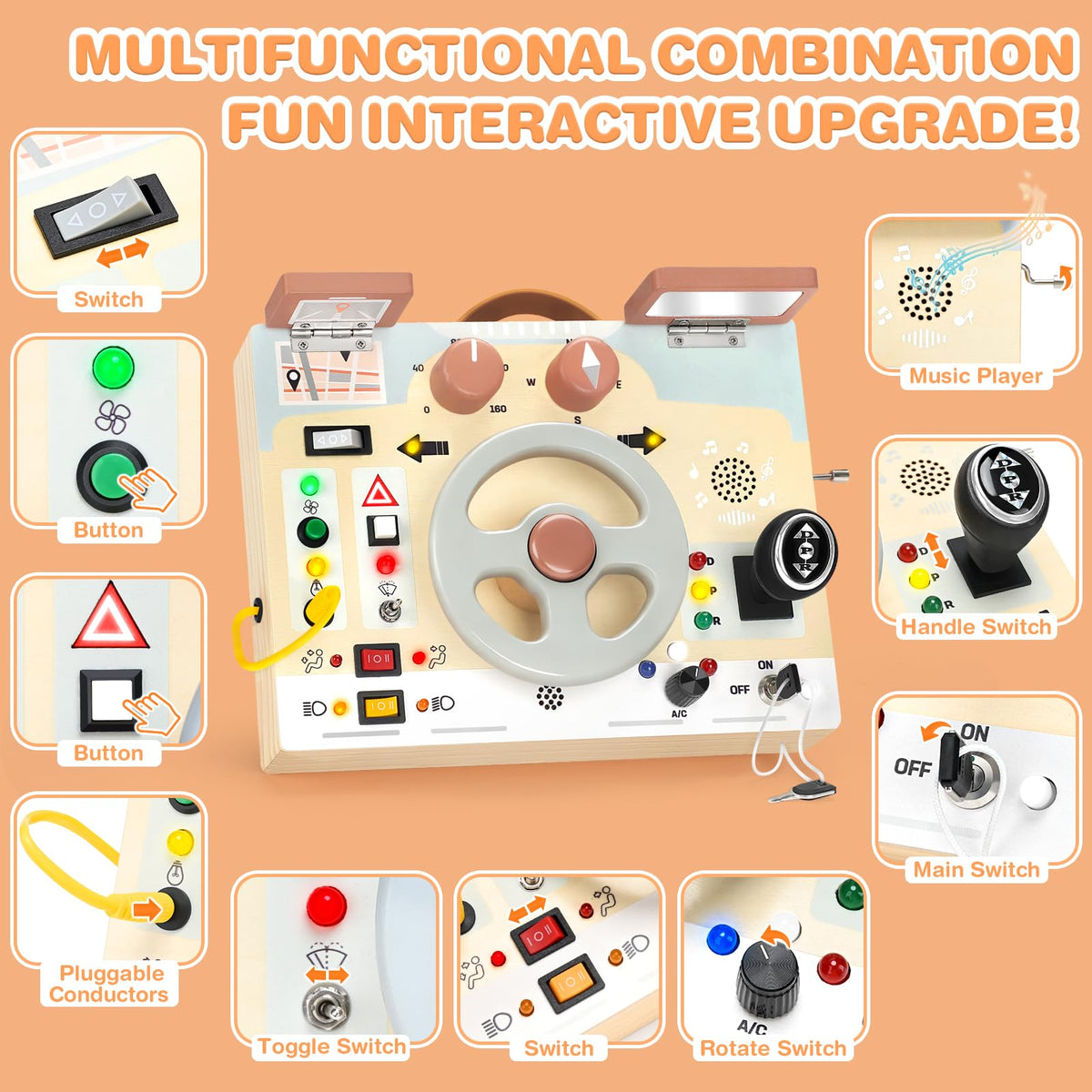 Joyreal Montessori Busy Board LED lights enhance interactive sensory feedback