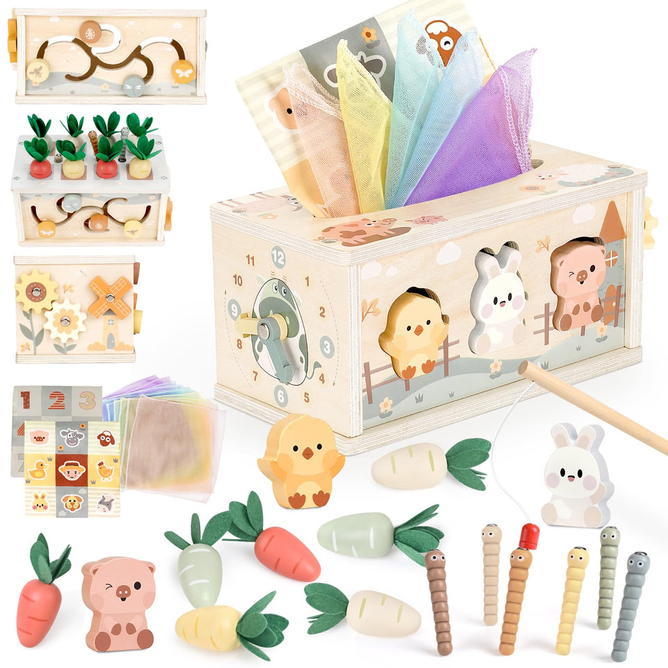 Joyreal Montessori tissue box toy carrot harvest activity engages fine motor skills.
