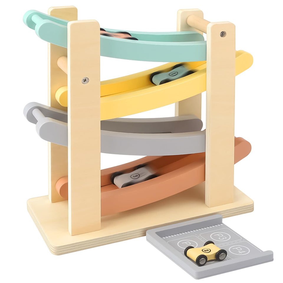 Joyreal Montessori wooden car ramp for toddlers with engaging ramp play and learning potential