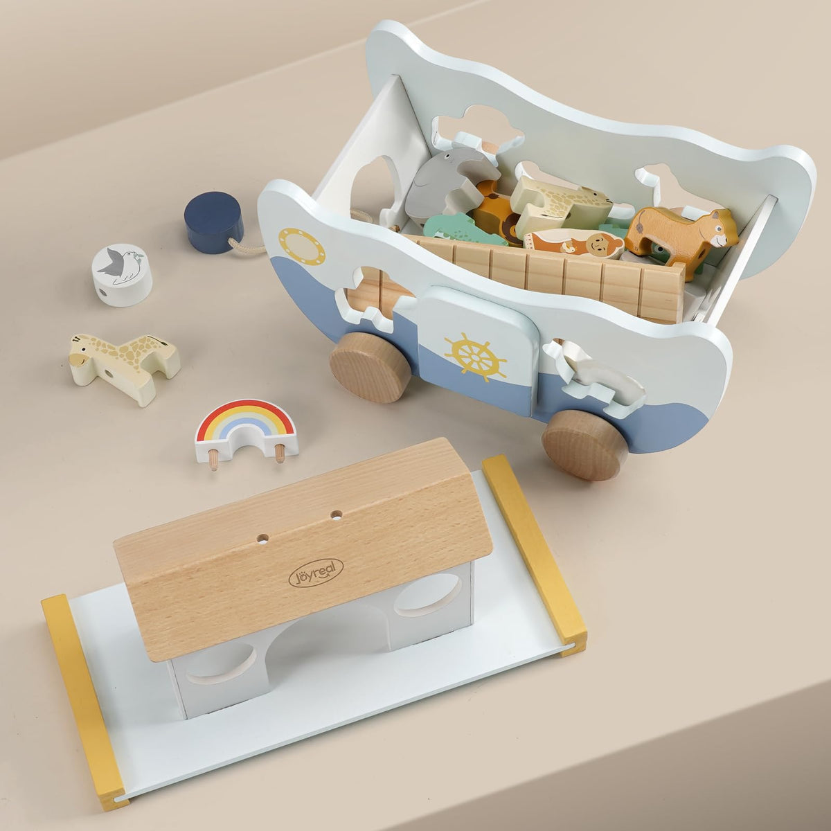 Joyreal neutral wood design fits nursery decor while engaging young children.