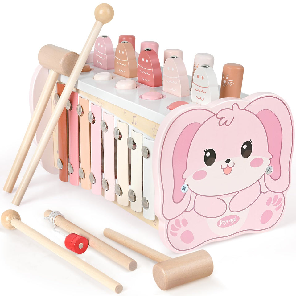 Joyreal pink wooden hammering bench for toddlers building motor skills