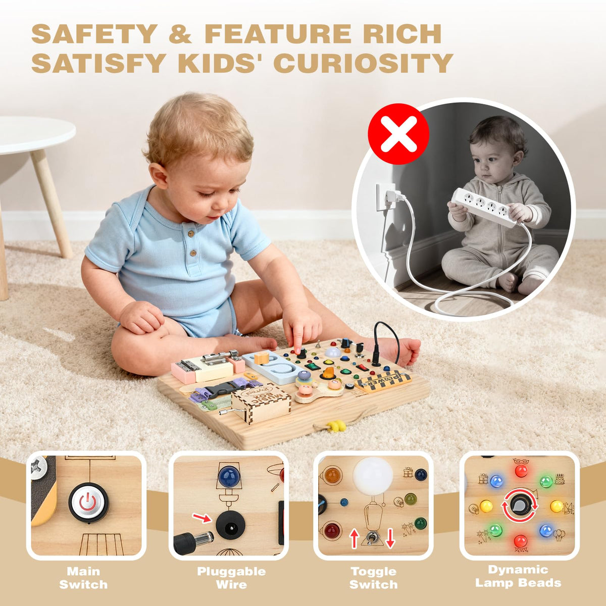 Joyreal wooden busy board with a hand-cranked music box.