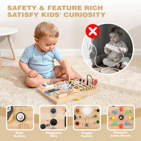 Joyreal wooden busy board with a hand-cranked music box.