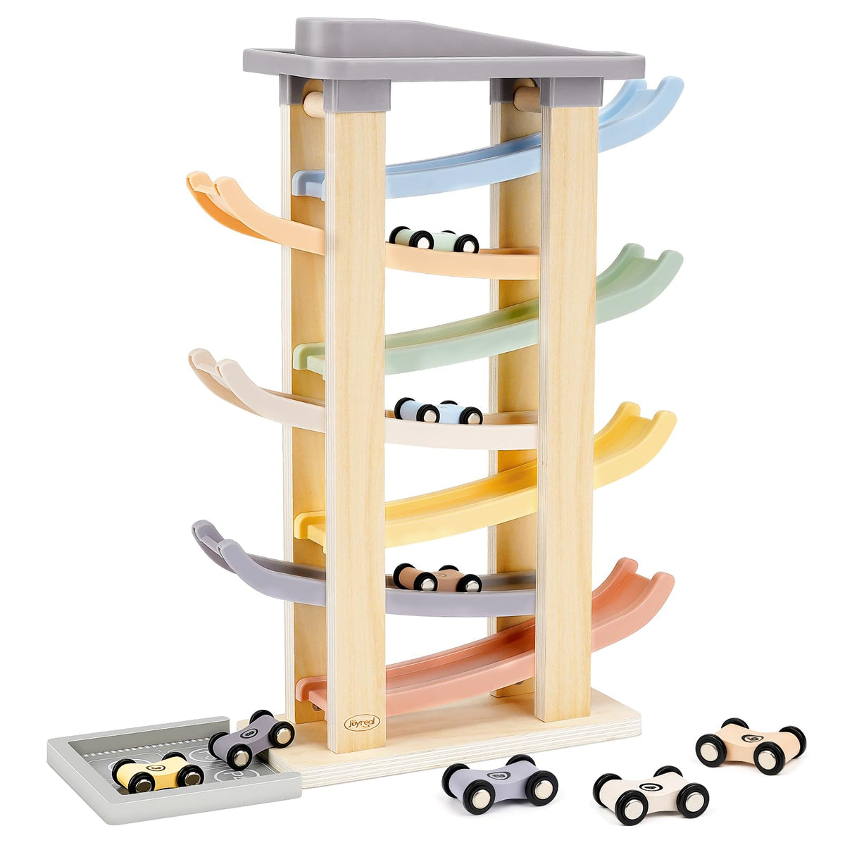 Joyreal wooden car ramp with 7 levels promoting fine motor skills during play