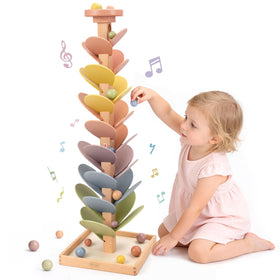 Joyreal wooden marble run tree top view shows rainbow leaves for musical play