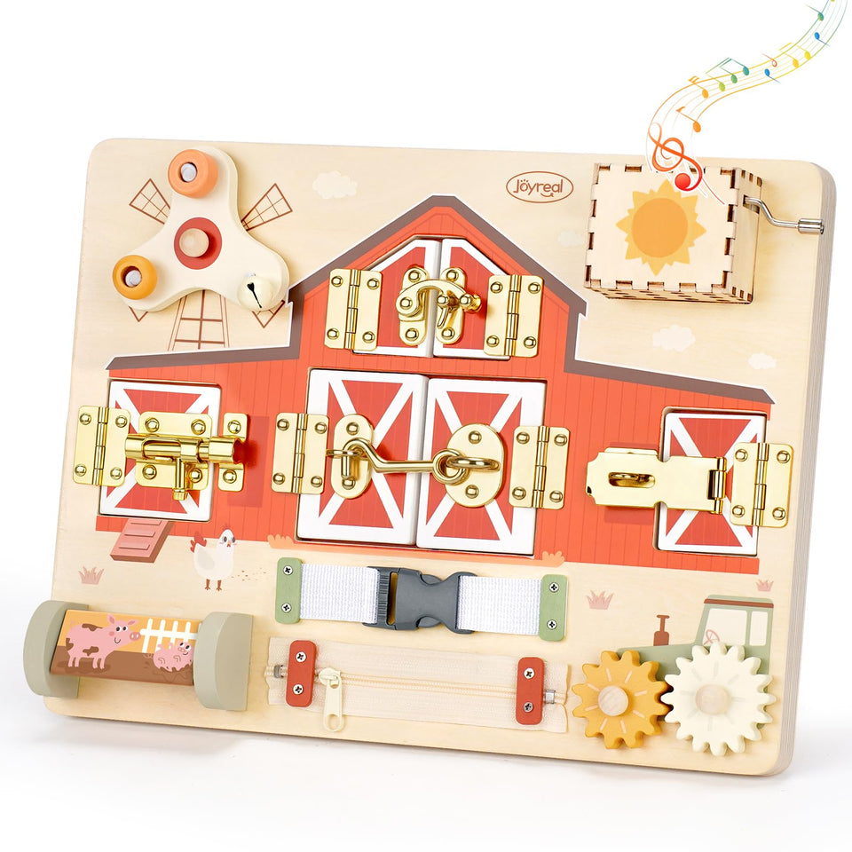 Joyreal wooden Montessori busy board farm coop door reveals surprises for problem-solving.