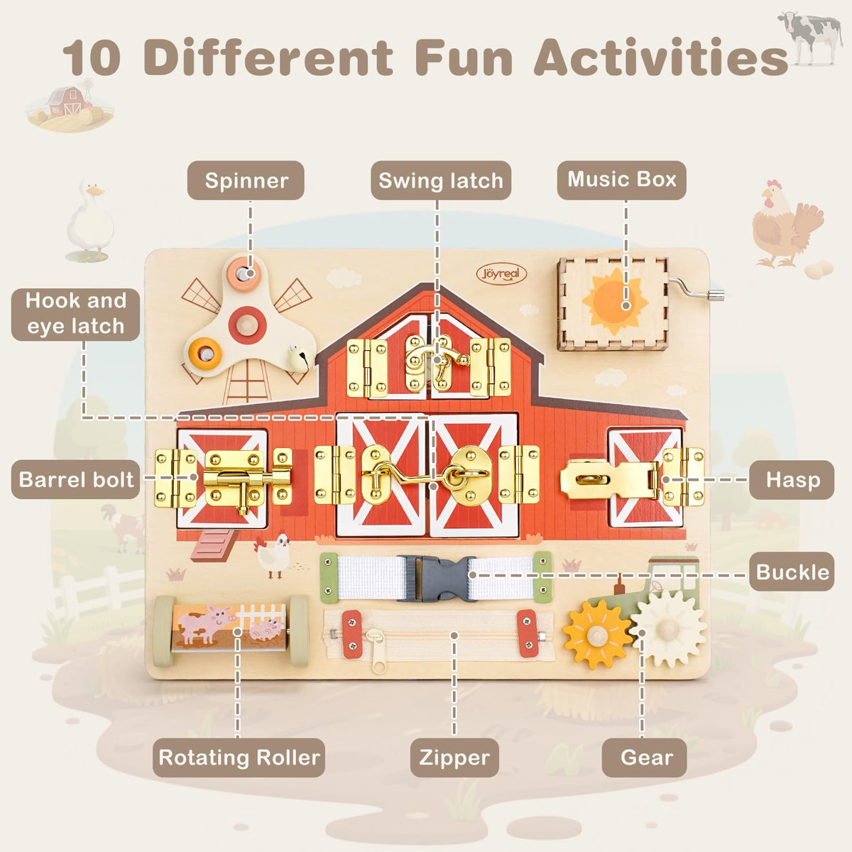Joyreal busy-board farm shed with cow and stall details supports fine motor skills.